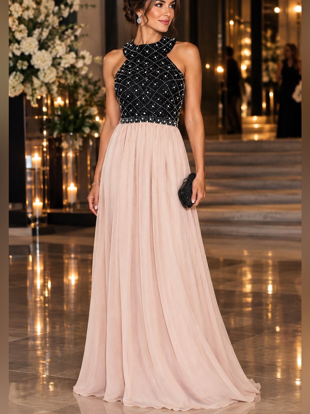 Chi Chi Beaded Halter Evening Gown in Black & Blush